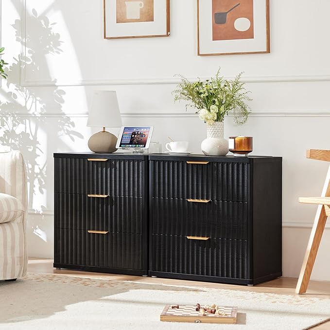 LEYAOYAO 42" Tall Fluted Dresser and 3 Drawers 23" Nightstand Set of 2, Wooden Dresser & Night Stand with Charging Station, 3 Piece Bedroom Furniture Set, Wood Chest of Drawer for Living Room,Black