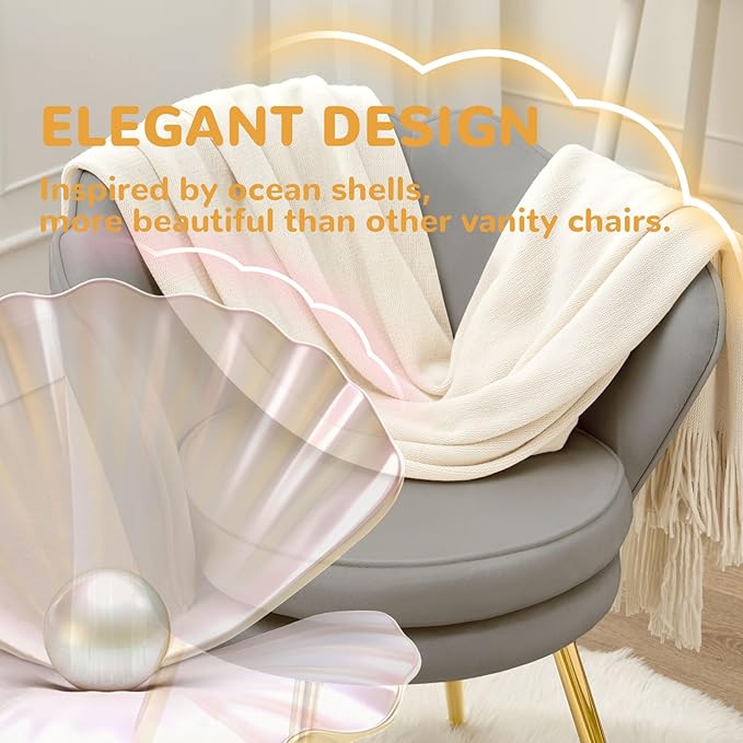 Velvet Vanity Chair with Back, Mid-Century Modern Small Accent Chair for Living Room, Golden Metal Legs Upholstered Makeup Chair, 1Pcs Bedroom Armchair, Grey