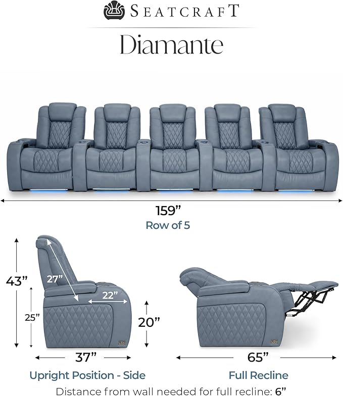 Seatcraft Diamante Zero-Gravity CoolZero Italian Leather Home Theater Seating, Power Headrest, Power Recline, Row of 5, Smokey Blue