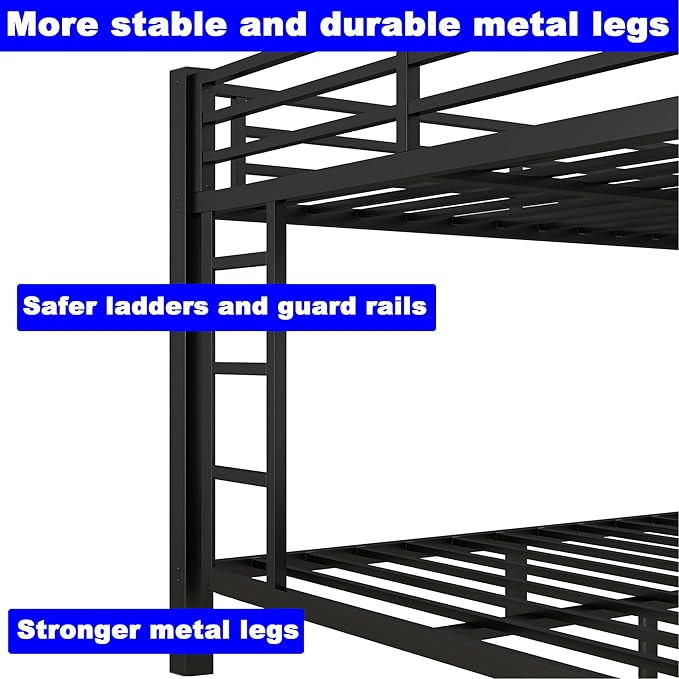 Upgraded Version Thicken Stronger Metal Heavy-Duty Queen Over Queen Bunk Bed with Twin Size Trundle, Bunk Bed Queen Size for Adults with Ladders, Easy Assemble (Queen/Queen)