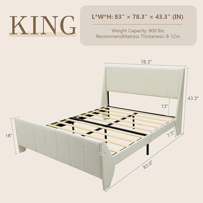 Brafab King Boucle Upholstered Bed Frame with Wingback Headboard, Platform Bed with Wooden Slats, No Box Spring Needed, Easy Assembly, Beige (King (U.S. Standard))