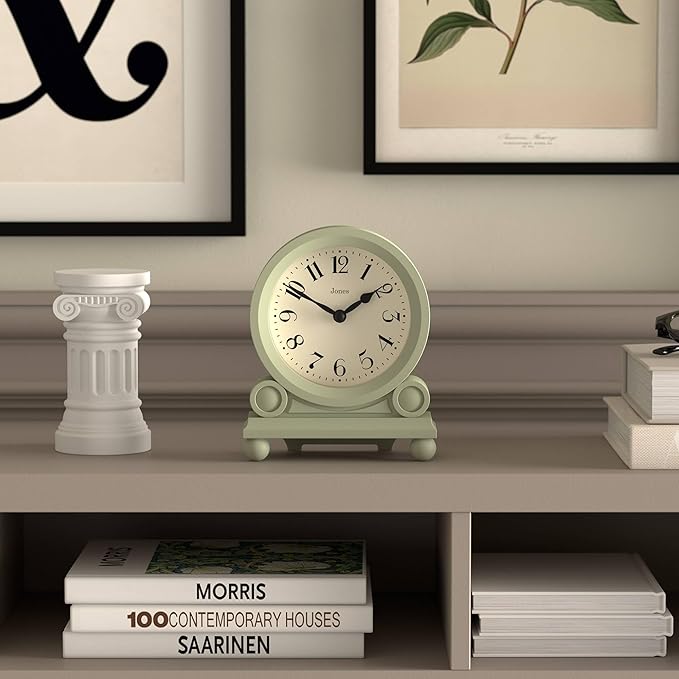 JONES CLOCKS® Maida Vale Mantel Clock | Small Traditional Desk Clock | Sage Green | Pretty & Charming Ideal for Mantelpiece, Bookshelf or Bedside