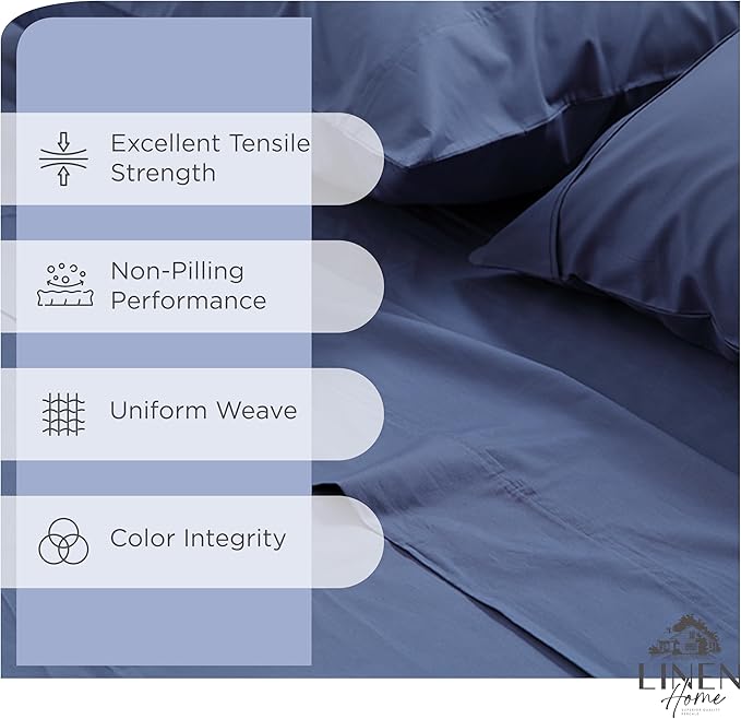 Linen Home 100% Cotton Percale Sheets King Size, Dark Blue, Deep Pocket, 4 Pieces Set - 1 Flat, 1 Deep Pocket Fitted Sheet and 2 Pillowcases, Crisp Cool and Strong Bed Linen