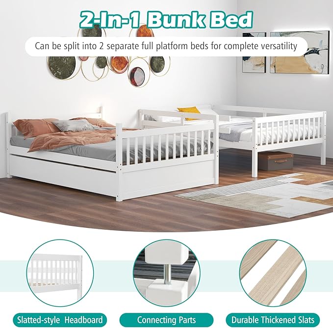 Giantex Full Over Full Bunk Bed with Trundle, Solid Wood Trundle Bed Frame w/Guardrails and Ladder, Convertible to 2 Beds, Full Size Bunk Beds for Adults Kids Teens, No Box Spring Needed, White