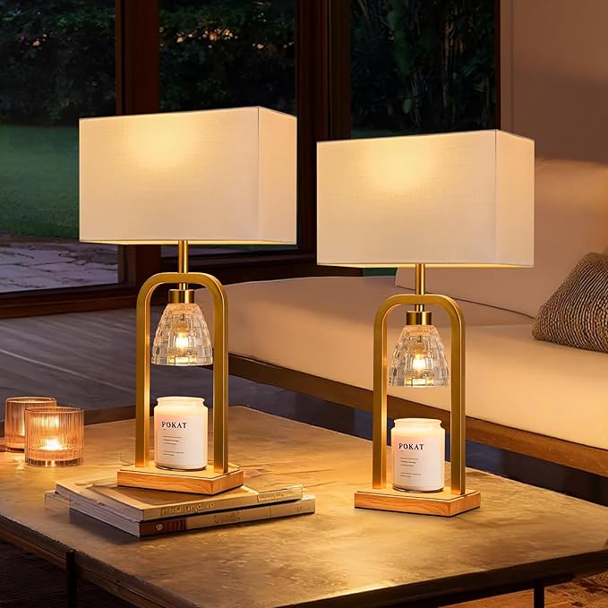PoKat Gold Table Lamps for Bedroom with Candle Warmer & Timer, Mid Century Modern Bedroom Lamps for Living Room Night Stands, Bedside Lamps for End Table, Dinning, Bathroom, Bulbs Included