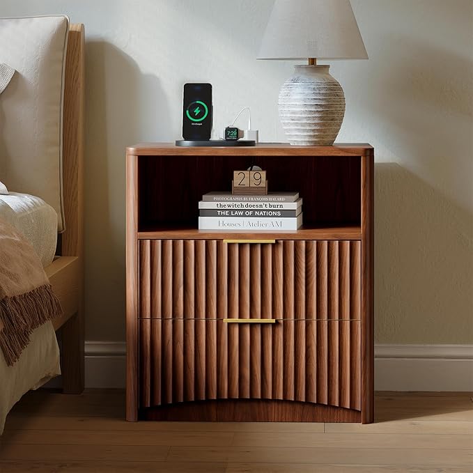 Evermagin Fluted Nightstand Set of 2 with Charging Station, Walnut Bedside Table with 2 Drawers, Wood End Table with Storage Mid Century Modern, Large Night Stand for Bedroom