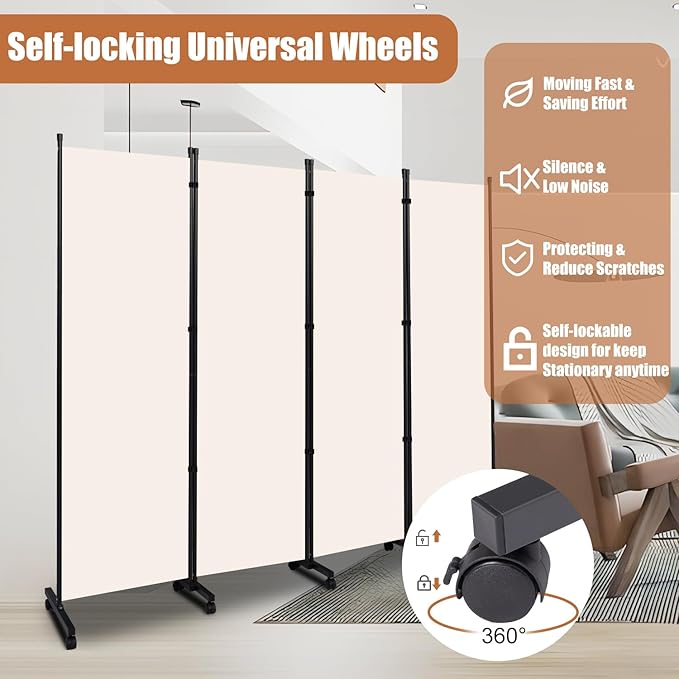 Room Divider Folding Privacy Screens with Wheels, 6FT Tall Divider for Room Separation, Movable Room Partitons and Dividers, Indoor Room Dividers Panel with Fabric (Beige, 4 Panel-88‘’-Wheels)