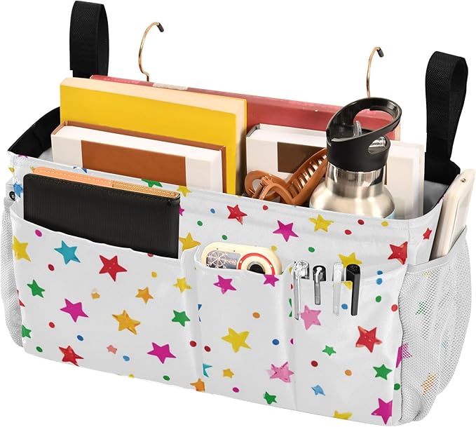 Bedside Caddy Hanging Bunk Bed Caddy Bed Organizer Hanging Pocket with 2 Hooks Bedside Storage Organizer Pocket Bag Holder Small Colorful Stars and Dots