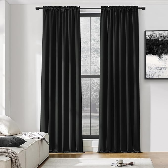 DONREN Patio Blackout Curtain Panels - Summer Home Decoration Thermal Insulated Rod Pocket Blackout Draperies/Drapes for Bedroom (2 Panels, 60 inches x 96 inches, Black)
