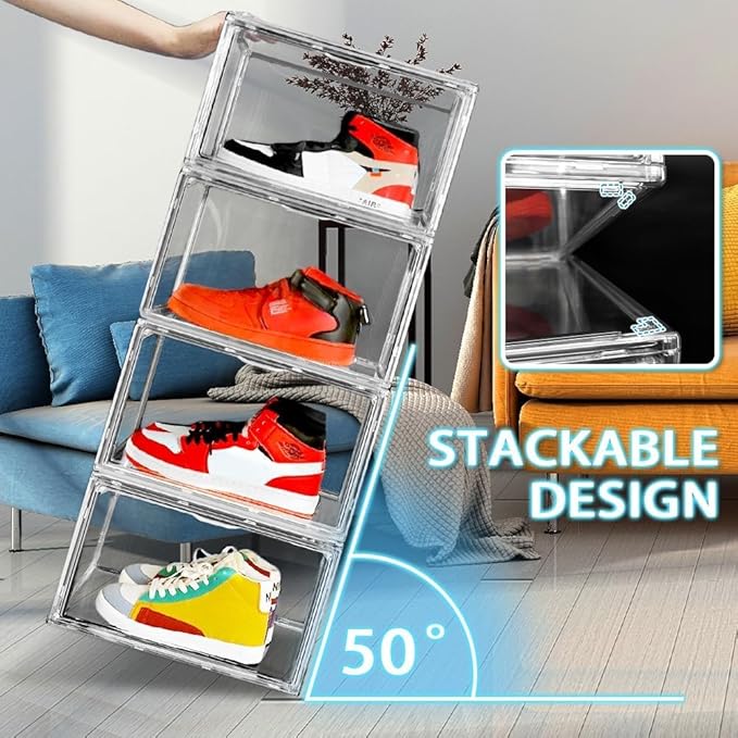 Size 14 Acrylic Sneaker Shoe Display Case, Transparent Shoe Box Storage Bins Clear Plastic Stackable Boot Handbag Organizer Containers with Lids for Shoes, Figure, Collectible, Purse, 1Pack