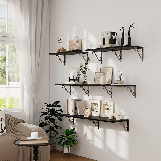 Dreamland Deep Floating Shelves, 24" W x 12" D Wall Shelves Set of 2, Wide Display Shelf Wall Mounted with Brackets, Bookshelf for Living Room, Bathroom, Bedroom, Black