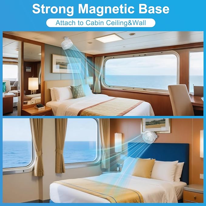 Fanopera Magnetic Cruise Fan with 12000mAh Battery - Portable Cabin Air Circulator, 3-Speed LED Desk Fan with Timer, Power Bank & Ceiling/Wall Mount, Cruise Ship Approved for Travel (White)