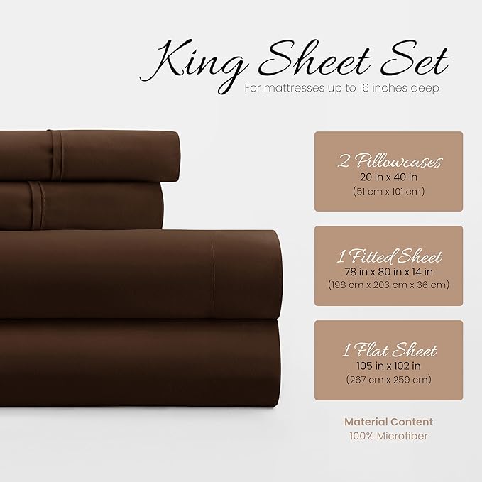 Linen Market Brushed Microfiber King Sheet Set 4 Piece – Oeko-TEX Certified Ultra Soft & Wrinkle-Free - 16" Deep Pocket Sheets - Easy Care King Size - Chocolate