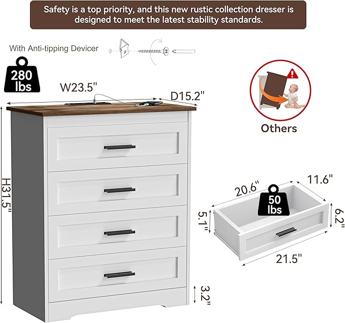 Farmhouse 4 Drawers Dresser for Bedroom Rustic Chest of Drawers with Natural Texture White Drawers Organizer for Living Room Hallway