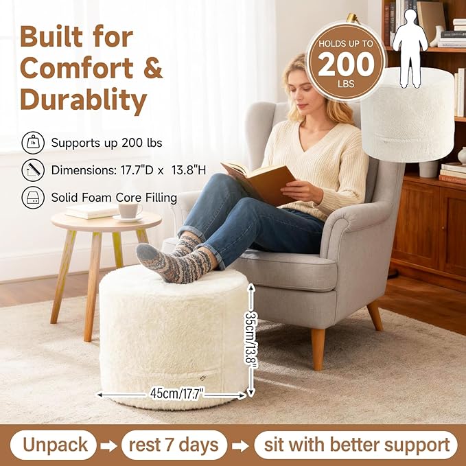 Tiita Round Stuffed Pouf Ottoman, Plush Poufs with Foam Chunk Filling, Foot Rest Stool for Living Room, Cream