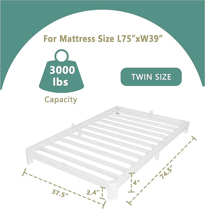 ITIMIDI 4 Inch White Twin Bed Frames, Metal Platform Bed Frame with Metal Gaskets, Heavy Duty Steel Support 3000 LBS, No Box Spring Needed, Anti-Slip Mattress Stopper, Easy Assembly