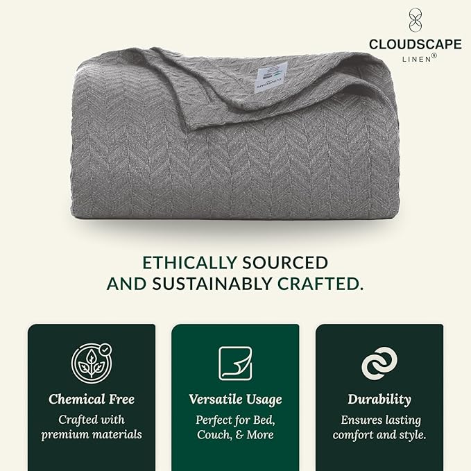 Cloud Scape Linen 100% Cotton Blanket Twin 68x92 Sharkskin - Cozy Herringbone Weave, Fits Up to Twin XL Size Beds, Breathable Softness, All-Season Warmth, Winter Blanket, Bedding Gift Choice