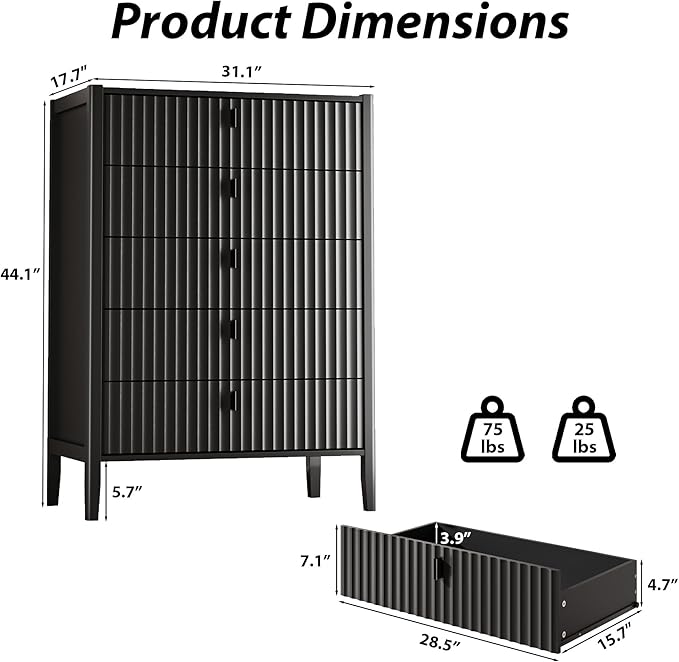 Black 5 Drawer Dresser, Modern Tall Dresser for Bedroom, Fluted Wood Chest of Drawers with Deep Drawers for Clothes, Storage Cabinet for Bedroom, Living Rooms, Offices, Entryways