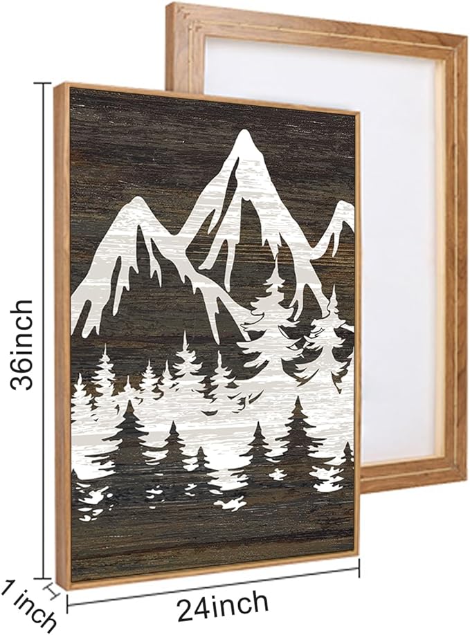 LHIUEM Large Mountain Tree Framed Canvas Wall Art Set,Modern White Forest Art Printing Country Minimalist Wood Wall Decor Farmhouse Zen Artwork for Living Room Bedroom Office-24''x36''x3