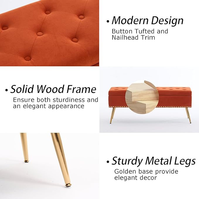 Velvet Storage Bench with Gold Legs& Nailhead Trim, 46" Wide Upholstered Modern Bedroom Bench for End of Bed, Tufted Ottoman for Entryway Living Room Dining Room (Orange, 46" Wide)