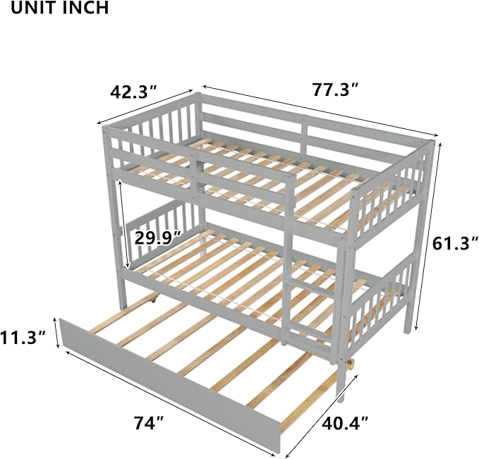 Bellemave Twin Over Twin Bunk Bed with Trundle,Convertible Bunk Beds with Ladder & Safety Guardrails,Twin Size Bunk Beds for Kids Girls Boys,Grey