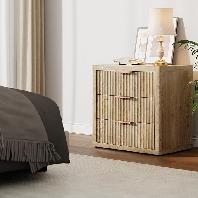 Night Stand with 3 Drawers, 23" Wide Modern Nightstand with Large Storage, Fluted Bed Side Table with Metal Handle, End Table Tall Nightstand for Bedroom, Living Room, Office, Nature