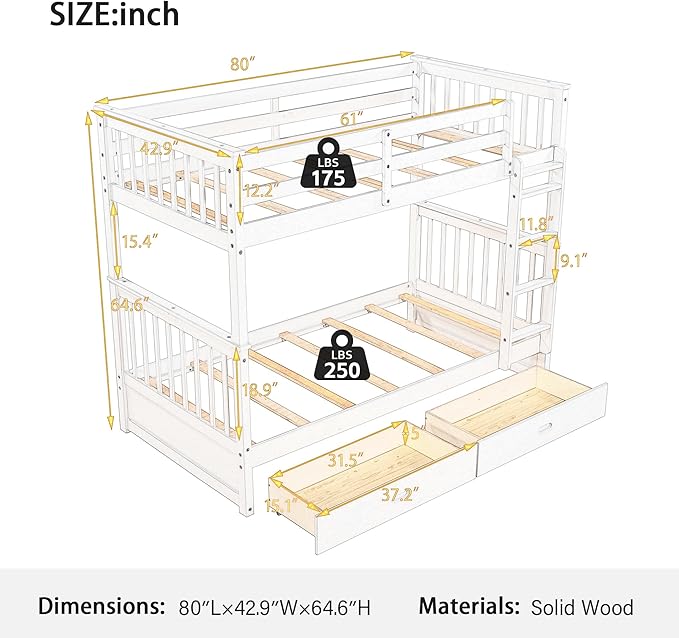 Merax Wood Bunk Bed with Drawers, Twin Over Twin Size Convertible Bunk Bed with Ladders and Two Storage Drawers,Solid Wood Detachable Bed Frame with Ladders, Walnut