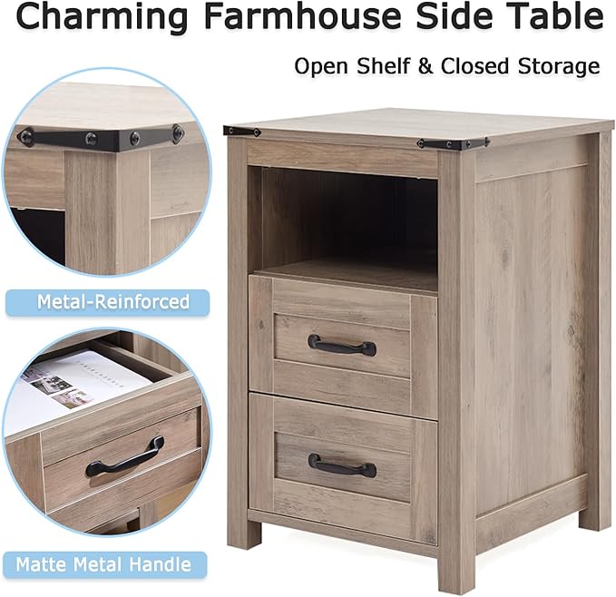Sierra Rustic Night Stand, Farmhouse End Table, Modern Bedside Table with 2 Storage Drawers and Open Shelf, Tall Nightstand for Bedroom