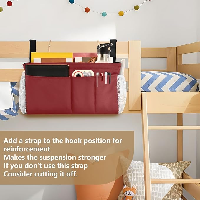KOPIRIT Navy Red Bedside Caddy Storage Bag Bedside Organizer for College Dorm Top Bunk Bed Hanging Storage Organizer 6 Pockets with Hooks for Drinks Magazine Phone Holder
