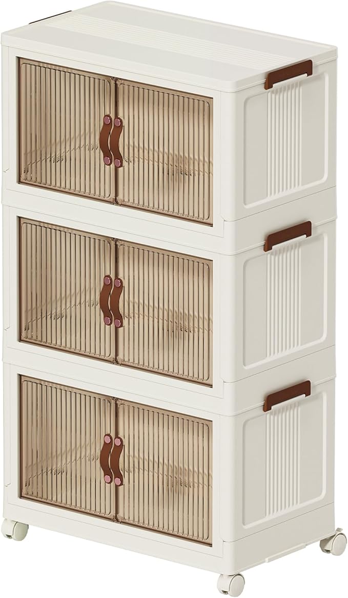 66 QT Large Plastic Storage Bins with Lids Open Front, Stackable Storage Containers with Wheels for Clothes, Home, Room, White, 3 Tiers