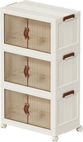 66 QT Large Plastic Storage Bins with Lids Open Front, Stackable Storage Containers with Wheels for Clothes, Home, Room, White, 3 Tiers