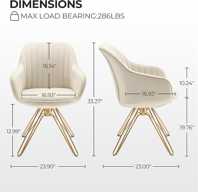 Zouron Mid Century Modern Swivel Accent Chair with Gold Metal Legs, Upholstered Desk Chair No Wheels, Side Office Arm Chair Vanity Chair for Small Space Home Office Living Room Bedroom, Beige