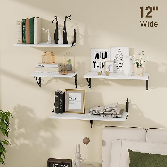 Dreamland Deep Floating Shelves, 55" W x 12" D Wall Shelves Set of 2, Wide Display Shelf Wall Mounted with Brackets, Bookshelf for Living Room, Bathroom, Bedroom, White