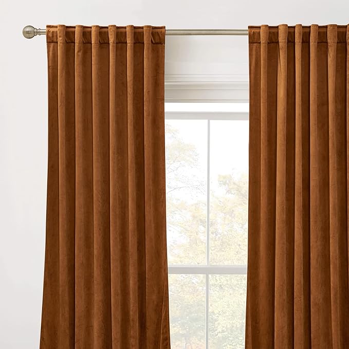 RYB HOME Plush Velvet Curtains, Heavy Duty Back Tab Decorative Window Drapes Privacy Room Darkening Covering for Living Room Playroom, Golden Oak, W52 x L90 inches, Set of 2 Panels