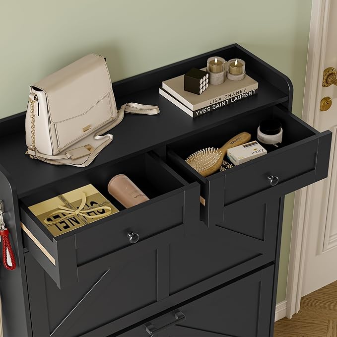 Shoe Storage Cabinet for Entryway, Farmhouse Narrow Shoe Cabinet with 3 Flip Drawers & 2 Top Drawers, Adjustable Shelves & Hooks, Freestanding Hidden Rack Organizer for Hallway, Foyer