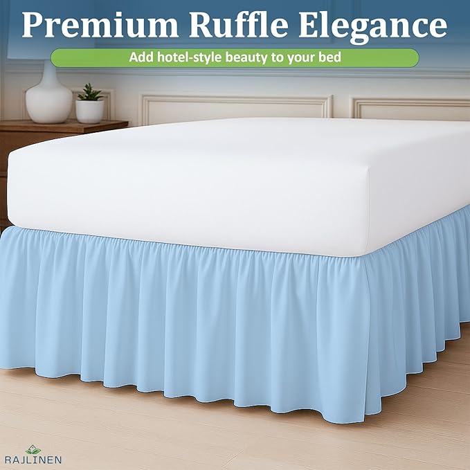 Rajlinen Ruffled Bed Skirt Twin XL, 24 Inch Drop Dust Ruffle with Split Corners, 100% Microfiber Bedskirt with Platform, Three-Sided Coverage Ruffled Gathering Design, Light Blue