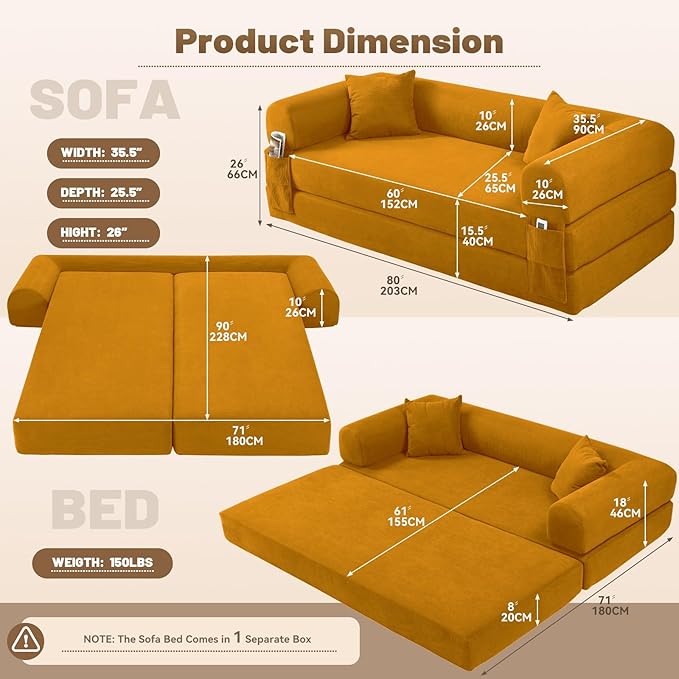 Convertible Futon Sofa Bed,80" Folding Pull Out Couch Bed with Storage,Queen Sleeper Sofa Bed,Compressed Couch in a Box,Corduroy Boneless Couches for Living Room,Yellow