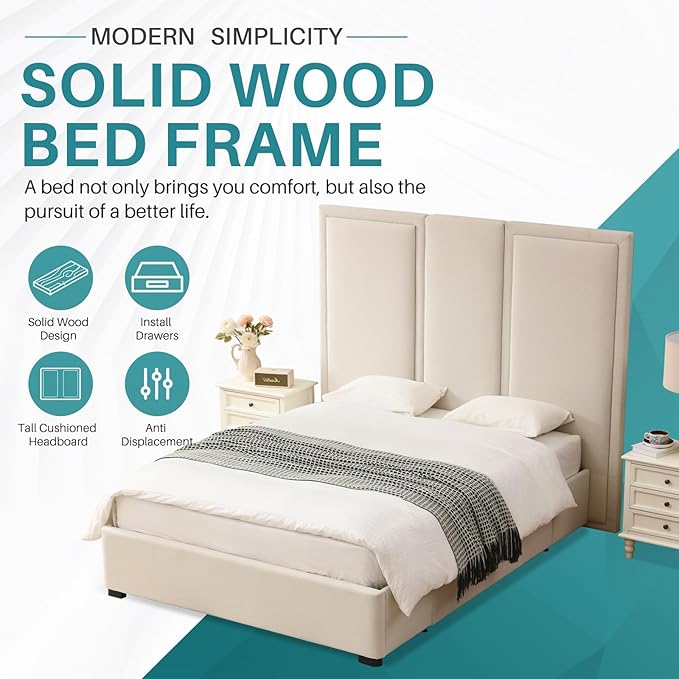 YUHUASHI Queen Size Bed Frame with 64-inch High Headboard, Simple and Airy Linen Upholstered Platform Bed with Storage Drawers, Wood Slat, No Noise (Beige, Queen)