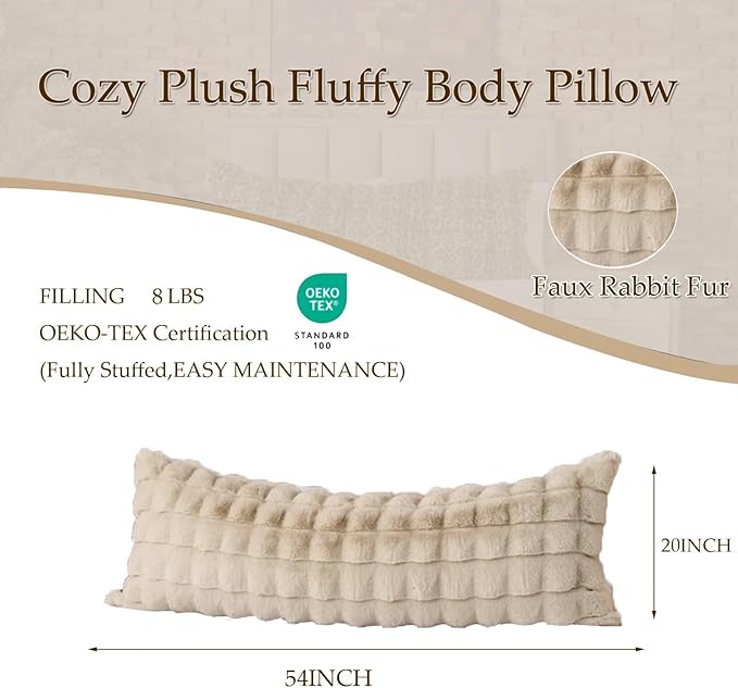 Luxury Shaggy Faux Fur Body Pillow,Fluffy Bed Pillows with Zipper Closure,Soft Decorative Plush Full Long Pillow,Fuzzy Hug Pillow for Home Living Room Side Sleeper & Pregnancy 20"x54" Taupe Chocolate