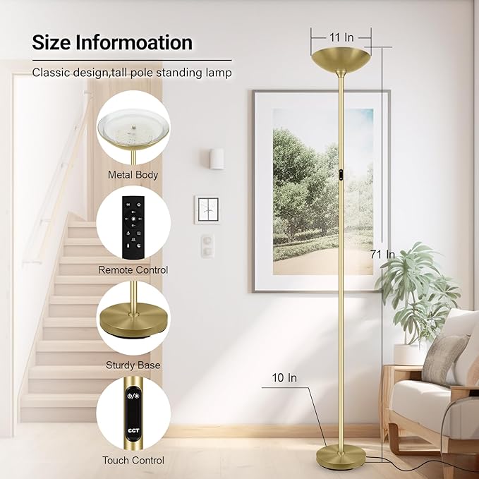 BoostArea Dimmable Floor Lamp,30W 3000LM Super Bright LED Torchiere Standing Lamp with Remote & Touch Control,71 in Tall Pole Sky Modern Floor Lamps for Living Room Bedroom Office,2700k-6500k,Gold