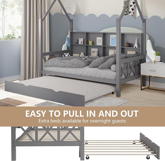 Full House Bed with Trundle and Storage Shelf for Kids, Wooden Full Size Bed Frame with Roof Guardrails Wood Slats Headboard for Boys Girls,No Box Spring Required, Gray