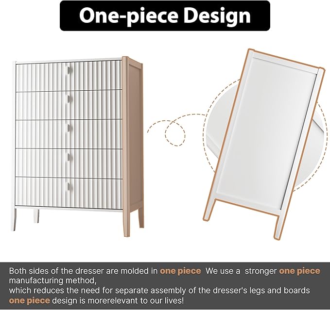White 5 Drawer Dresser, Modern Tall Dresser for Bedroom, Fluted Wood Chest of Drawers with Deep Drawers for Clothes, Storage Cabinet for Bedroom, Living Rooms, Offices, Entryways