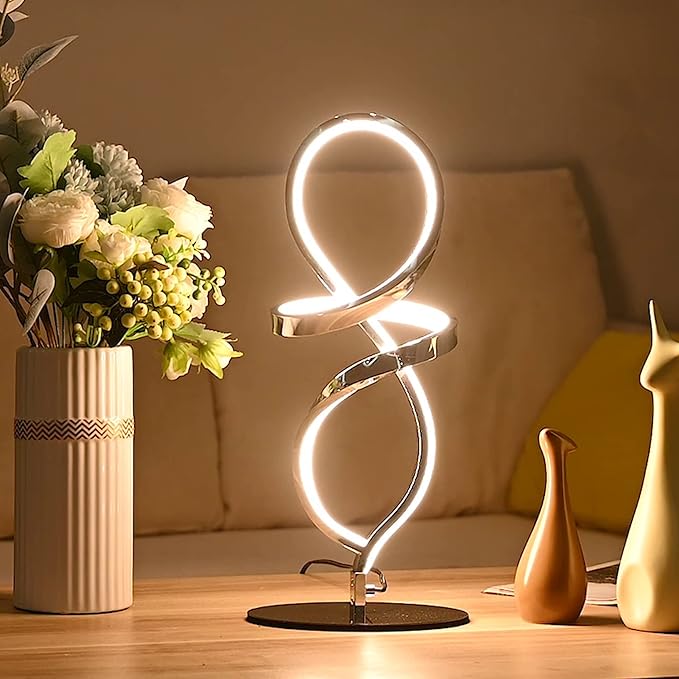Mayful Modern Lamp with LED Spiral Design, Bedside Lamp with Stepless Dimming Switch, Contemporary Nightstand & Chrome Table Lamp for Bedroom, Living Room, Home Office, 12W 3200K Warm White,2 Pack