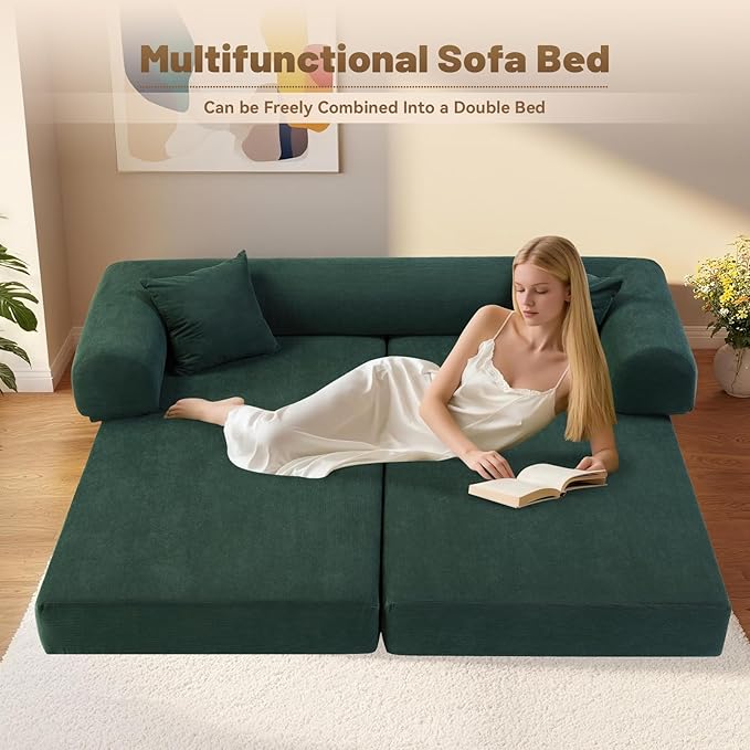 Convertible Futon Sofa Bed,80" Folding Pull Out Couch Bed with Storage,Queen Sleeper Sofa Bed,Compressed Couch in a Box,Corduroy Boneless Couches for Living Room,Deep Green