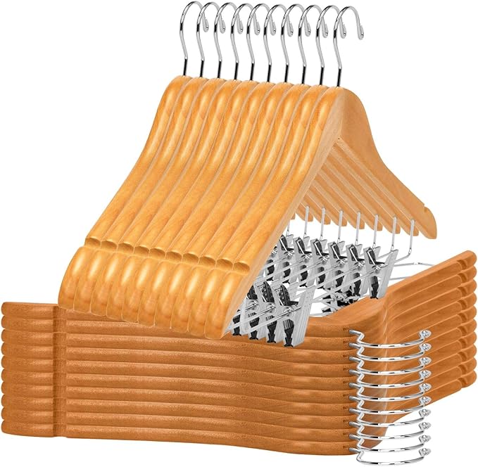 Quality Wooden Skirt Hangers with Clips, 20-Pack Semi Curved, Smooth Solid Wood Pants Hangers with Durable Adjustable Metal Clips, Swivel Hook, Coat, Jacket, Blouse Suit Hangers (Natural, 20)