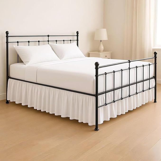 KRISHNA Ruffled Bed Skirt with Split Corners King, 100% Microfiber Hotel Quality, 18 Inch Drop Dust Ruffle Gathered Bedskirt with Platform, 78" x 80", Light Grey Stripe