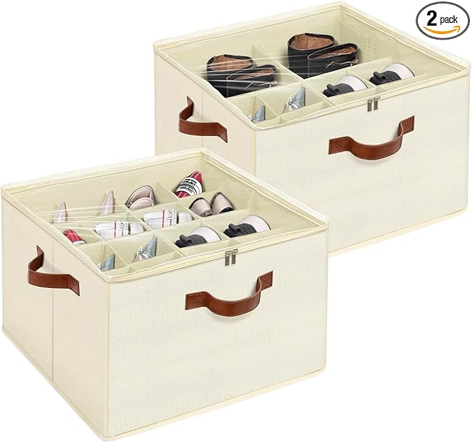 Shoe Organizer for Closet, Foldable Shoe Storage Box with Clear Top Lid, 3 Leather Handles, Adjustable Dividers, Fits 8-16 Pairs, Stackable Shoe Bin for Bedroom (Beige, 2 PCS/16.9*11.8*1.57 inch)