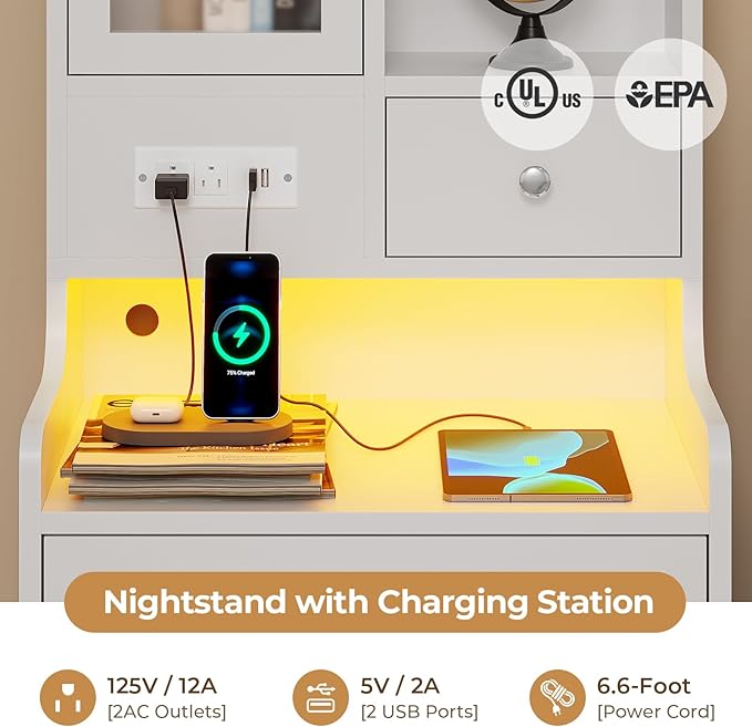 ADORNEVE White Nightstand Set of 2 with Charging Station,49.2" LED Night Stand for Bedroom,Tall Bedside Table with Bookshelf and Drawers,Side Tables Bedroom