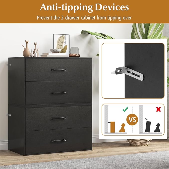 Giantex Stackable Drawers for Closet, 2-Drawer Short Dresser, Multi-Purpose Storage Cube with Anti-Scratch Pads, Anti-Tipping Devices, Storage Cabinet for Living Room, Entryway, Home Office (1, Black)