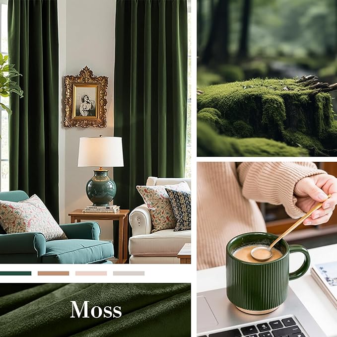 Lazzzy Green Velvet Blackout Curtains 90 Inches Long Thermal Insulated Room Darkening Lined Curtain Drapes Luxury Back Tab Window Treatments for Bedroom Living Room 2 Panels, 52 x 90 Inch, Moss Green